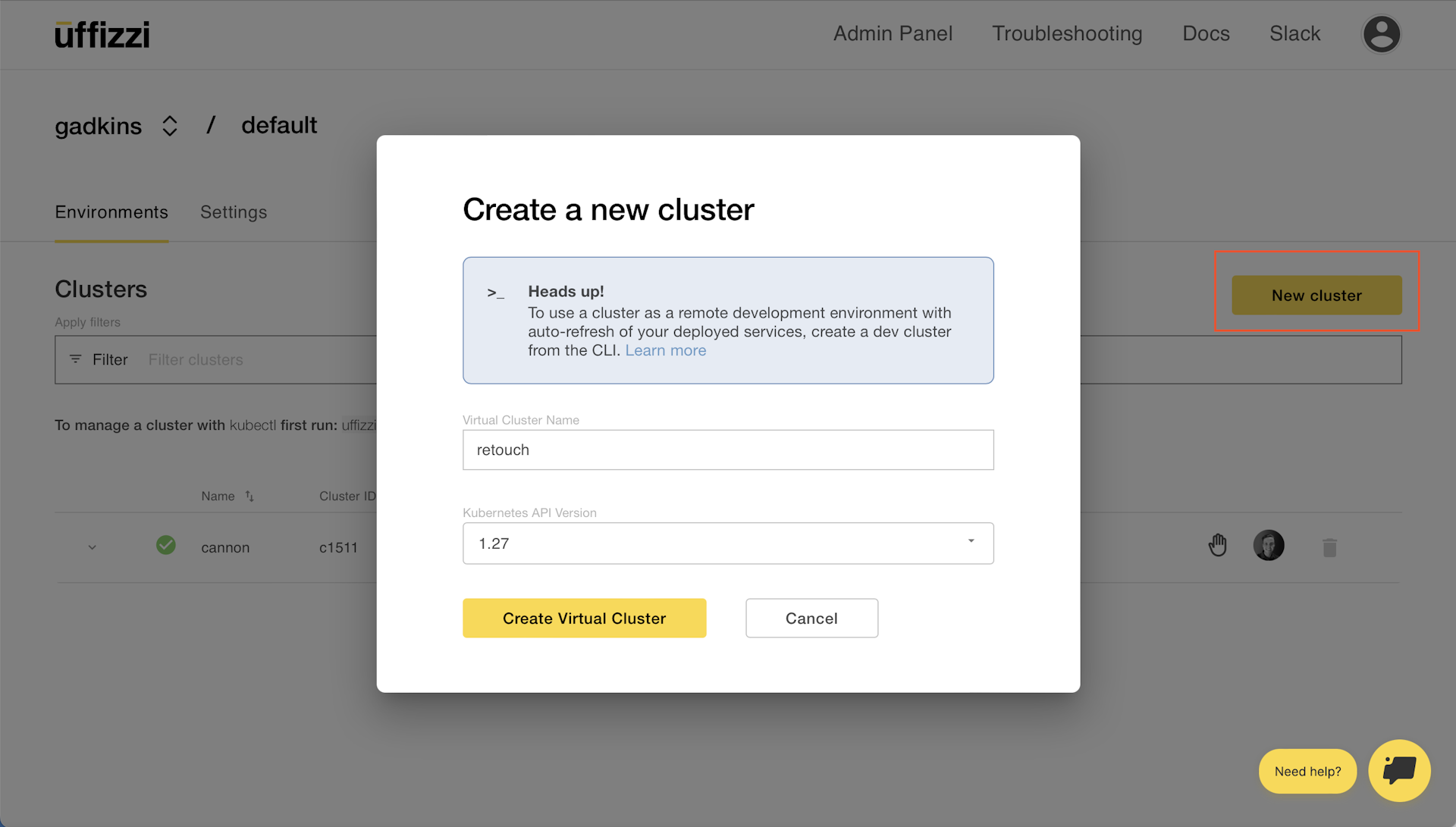 Uffizzi Cloud Dashboard: Create a new cluster