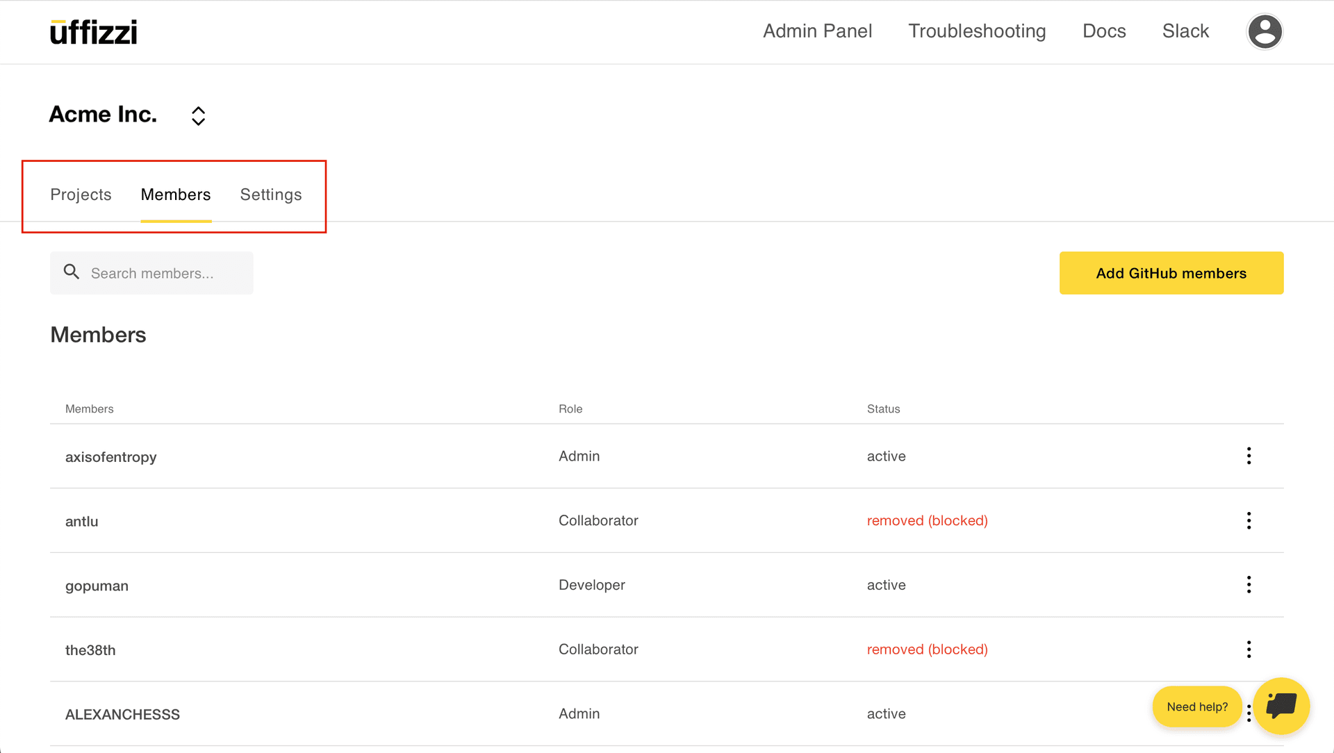 Uffizzi Cloud Dashboard: Projects, Members, and Settings